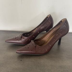 Candie’s KEELA Y2K Brown Leather Kitten Heels Pointy Toe Cut Outs Bow Size 7.5
